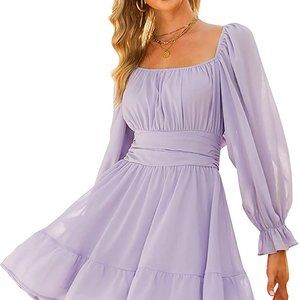 Women Tie Back Long Lantern Sleeve Ruffle Mini Dress
